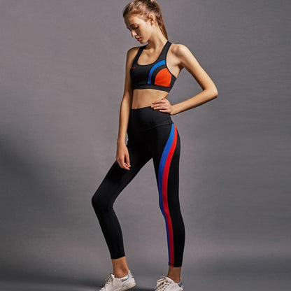Leggings deportivos de rayas coloridas con parches deportivos de ajuste ceñido y elasticidad para yoga