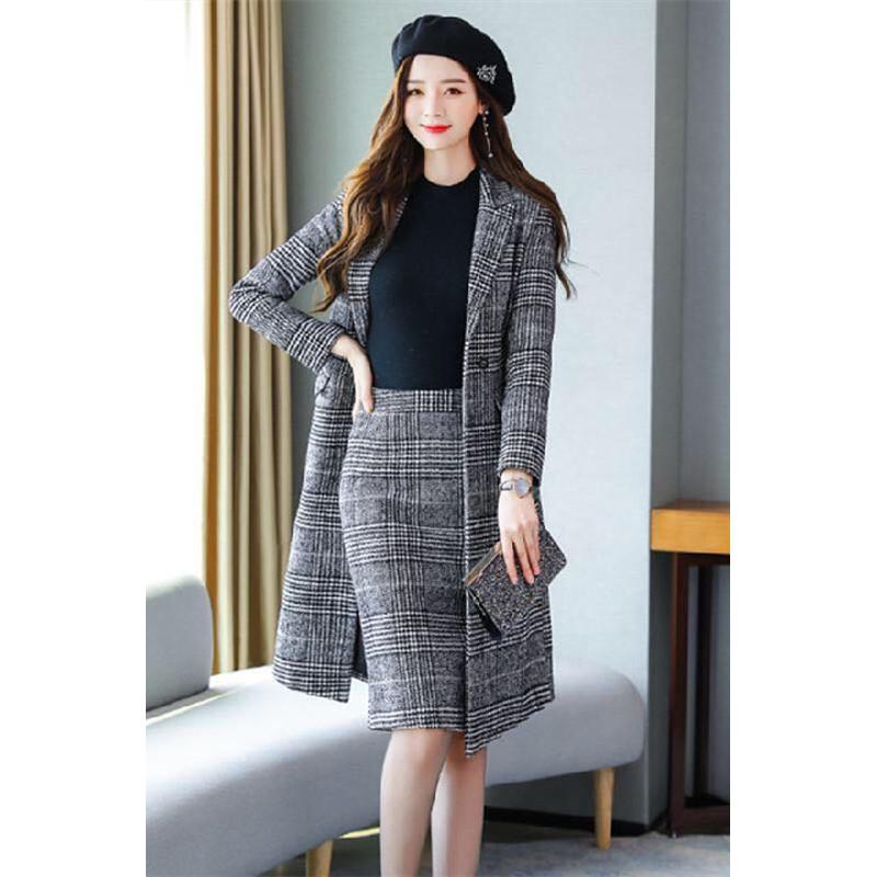 Woolen Slimming Two-Piece Set Suit A-Line Skirt Mac Coat