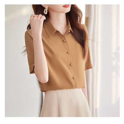 Button Thin Short Sleeve Chiffon Shirt