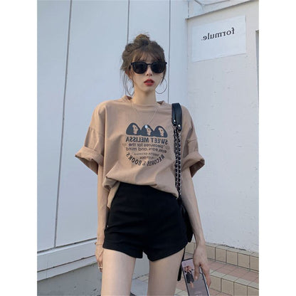 Round Neck Drop Shoulder Print Loose Fit Casual Short Sleeve Tee