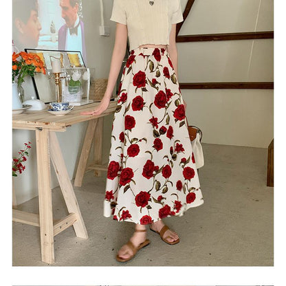 Ladylike Versatile Floral Full-Skirt Style Elastic Waist Skirt