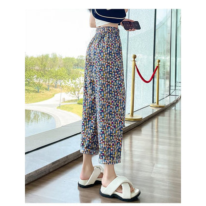 Floral Print Straight High-Waisted Casual Cropped Loose-Fit Slimming Thin Pants