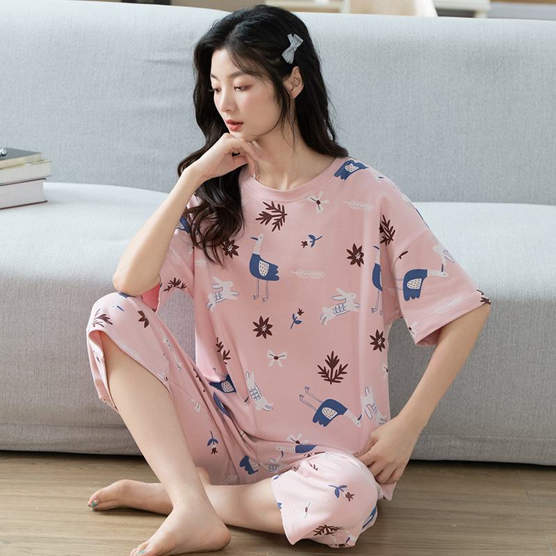 Pure Cotton Round Neck Pullover Natural Cartoon Pink Lounge Set