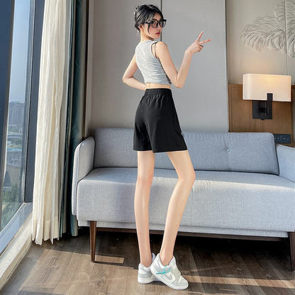 Thin Casual Straight Loose-Fit Silky Drawstring Waist Shorts
