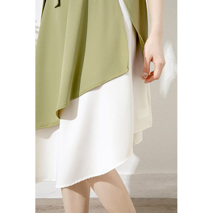 Robe verte élégante et irrégulière avec taille cintrée et motif Persea.