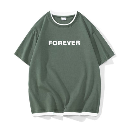 Bequemes Kurzarm-T-Shirt aus reiner Baumwolle mit Rundhalsausschnitt, imitiertes Zweiteiler-Design, vielseitig einsetzbar