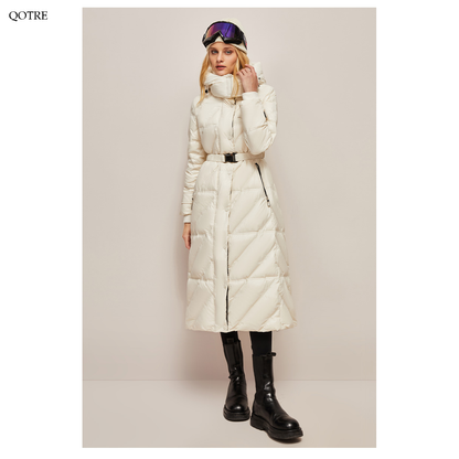 Hooded Belted Waterproof Calf-Length Down Coat