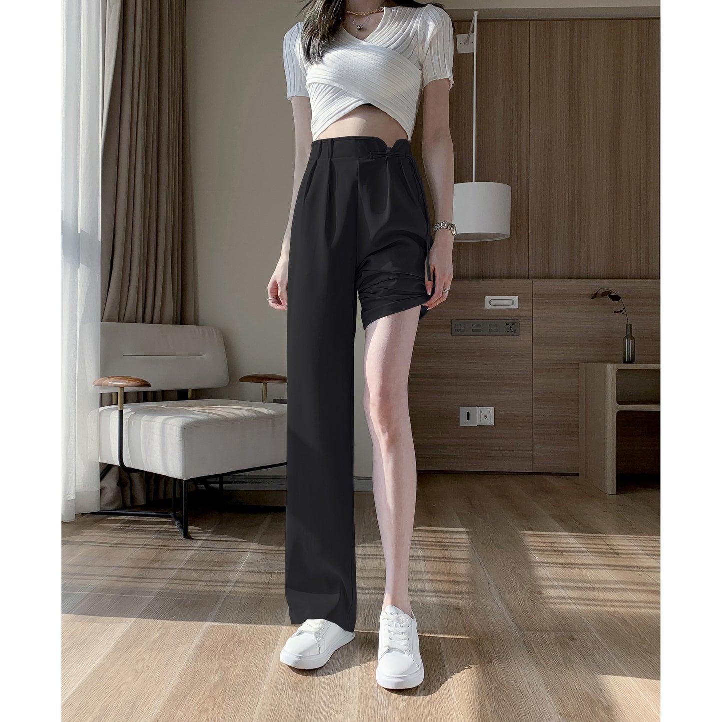 High-Waisted Niche Straight Leg Floor-Length Thin Design Pants