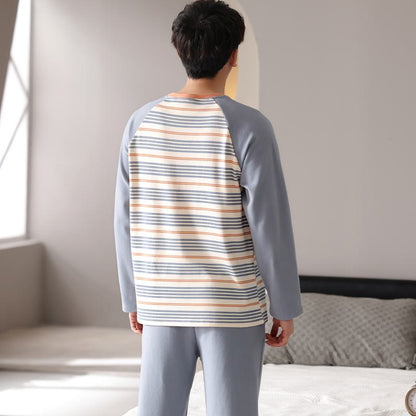Round Neck Pullover Stripe Tightly Woven Pure Cotton Cartoon Lounge Set