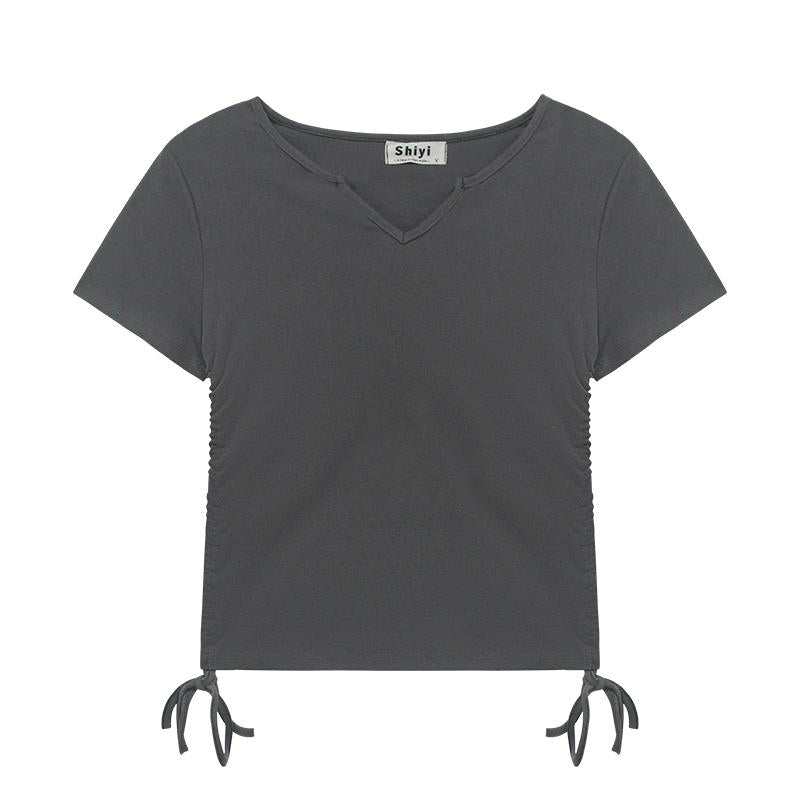 Camiseta de manga corta de fibra acanalada con cuello en V regular de spandex
