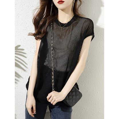 Loose Fit Hollowed-Out Knitted Round Neck Casual Slightly Transparent Mesh Top