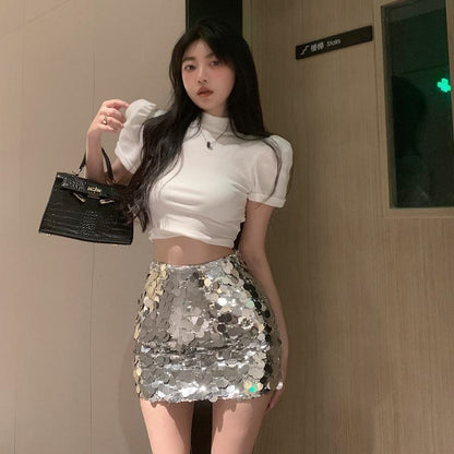 Niche High-Waisted Sequined Bodycon Skirt