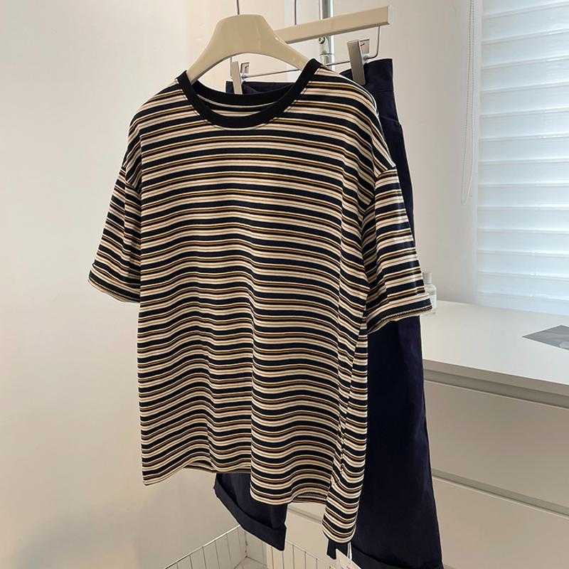 Women's T-Shirts Cotton Loose Fit Stripe Round Neck Short Sleeve Tee