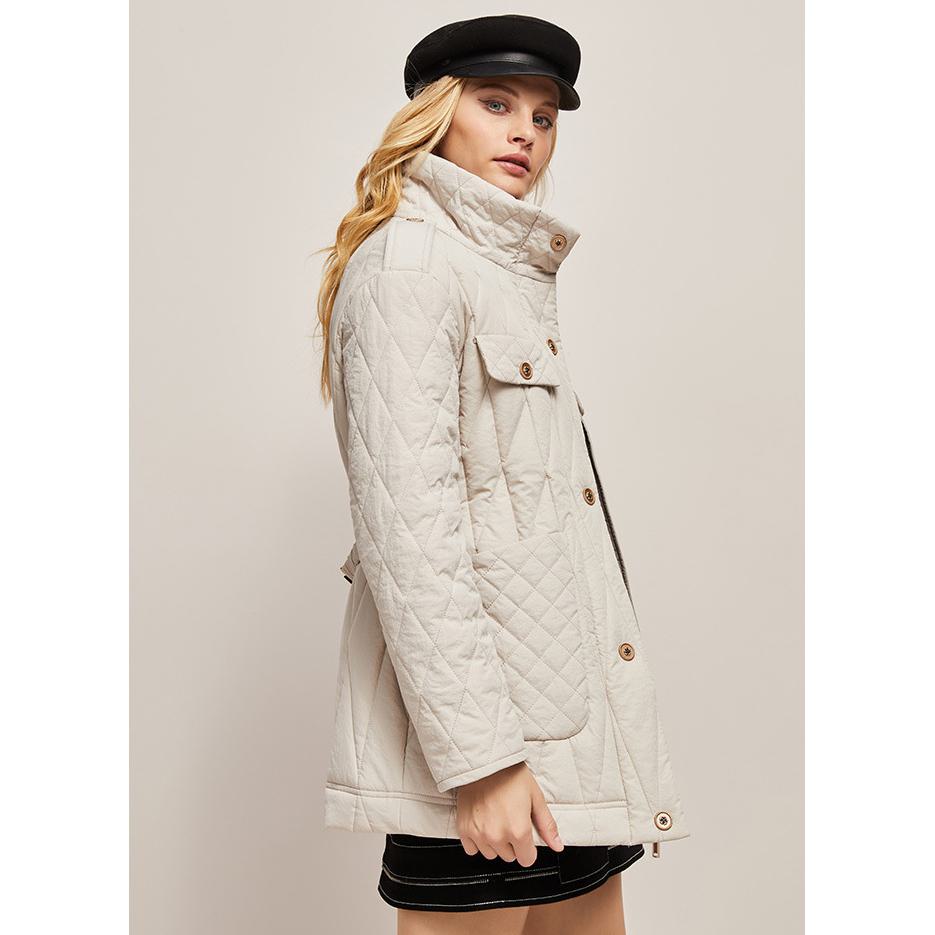 Diamond Quilted Thigh-Length Puffer Jacket