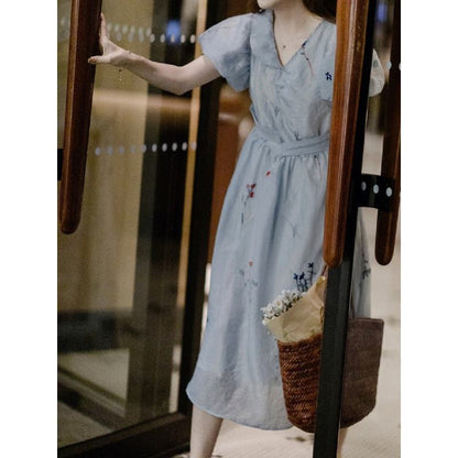 French Style Embroidery V-Neck Blue Dress