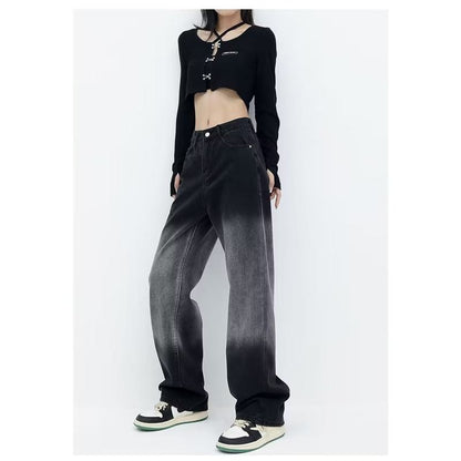 Elegante dunkelgraue Reißverschluss-Jeans im Harajuku-Stil, gewaschen und natürlich ausgeblichen.