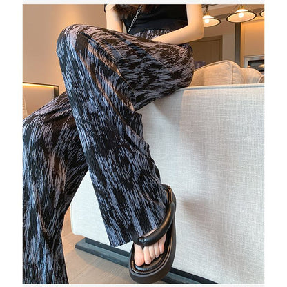 Floor-Length Casual Tie-Dye Straight Plus Silky Black High-Waisted Pants