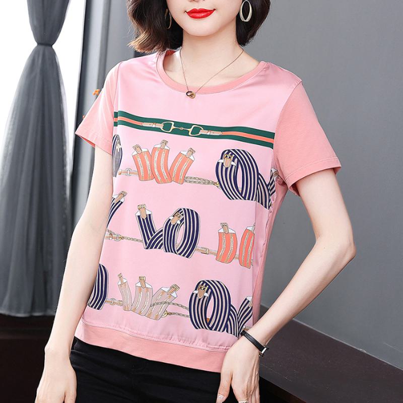 Round Neck Plus Belly-Covering Print Loose Fit Short Sleeve Tee