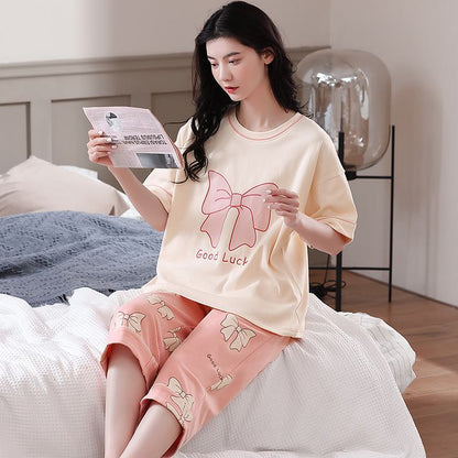 Round Neck Bow Tie Cotton Letter Short Sleeves Lounge Set