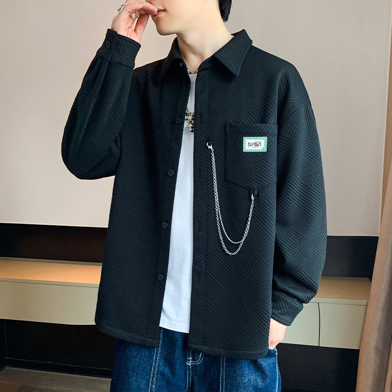 Loose Fit Patched Pocket Spread Collar Long Sleeve Shirt