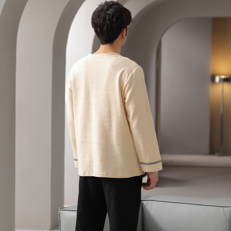 Pullover mit Rundhalsausschnitt, Hahnentrittmuster-Tasche, eng gewebte reine Baumwolle, langärmliges Lounge-Set.