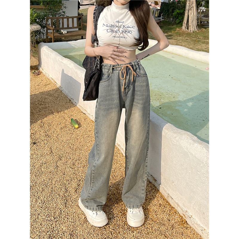 Slimming Floor-Length Draping Lengthened Niche High-Waisted Straight-Leg Jeans