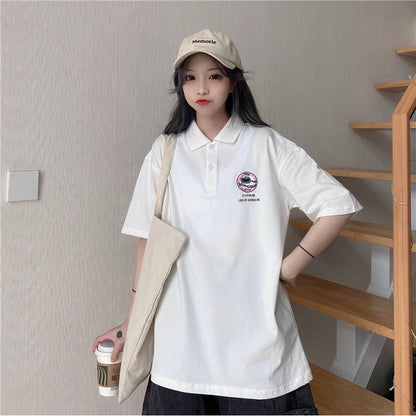 Casual Slimming Plus Lapel Loose Fit Short Sleeve Tee