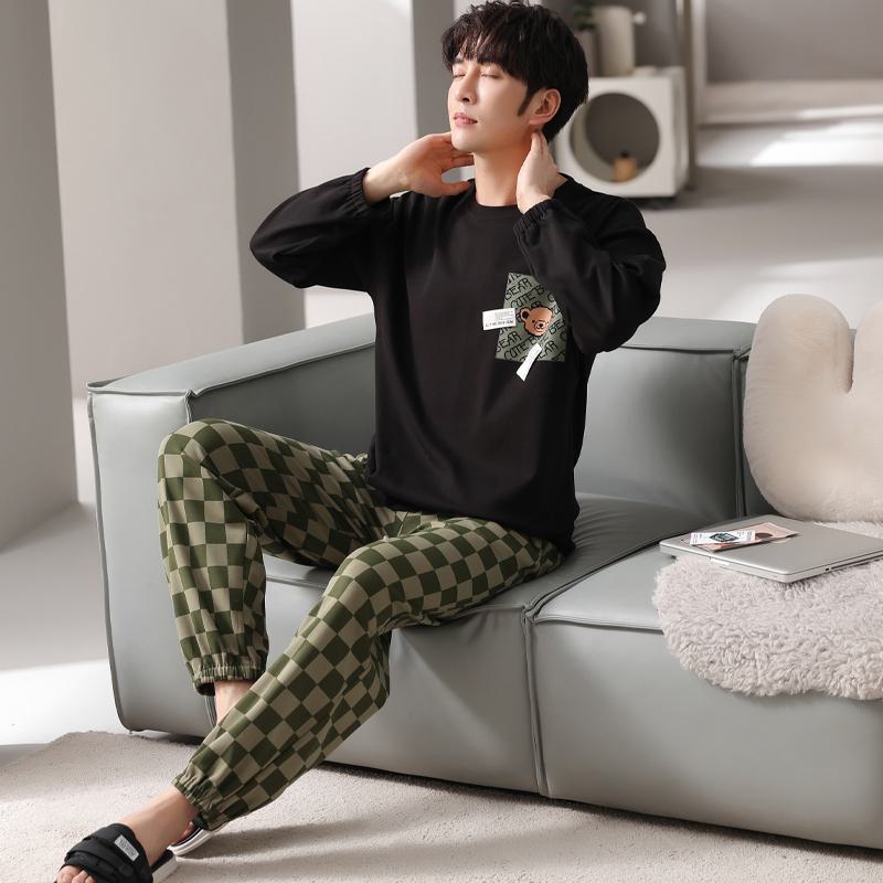 Tightly Woven Pure Cotton Bear Pattern Pullover Round Neck Plaid Long Sleeve Lounge Set