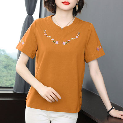 Button Belly-Covering Versatile Loose Fit Pure Cotton Embroidery Short Sleeve Tee