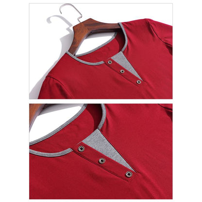 T-shirt en coton pur ample à manches courtes et encolure en V avec illusion de deux pièces et effet anti-âge.