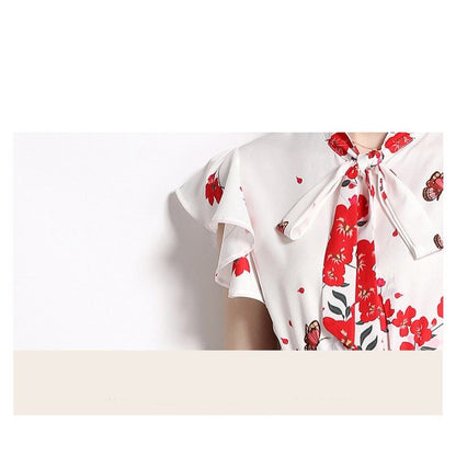 Collar Flutter Sleeves Retro Tie-Up Print A-Line Dress