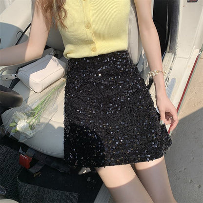 Sequined Black Shiny A-Line Bodycon Skirt