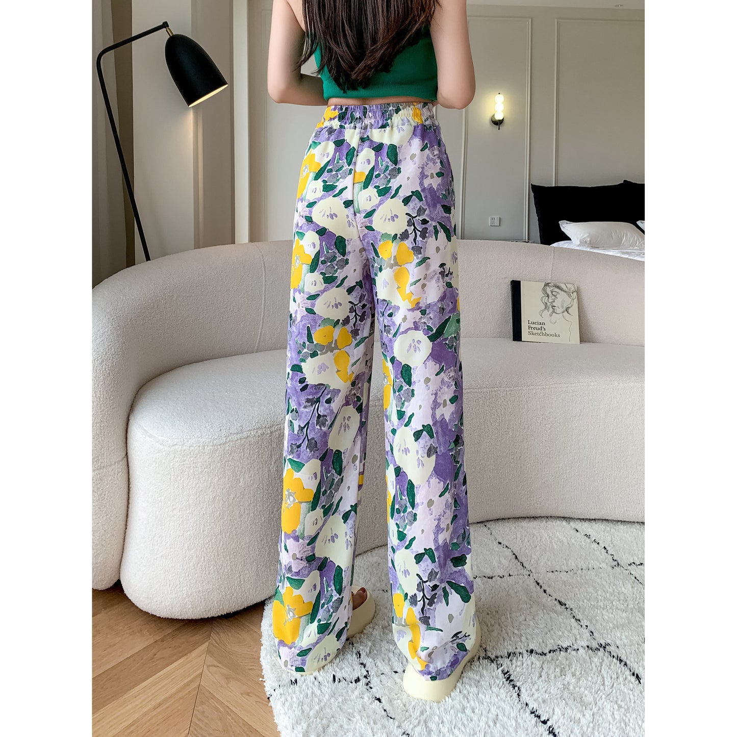 Silky Loose-Fit Draping High-Waisted Chiffon Slimming Drawstring Print Versatile Pants