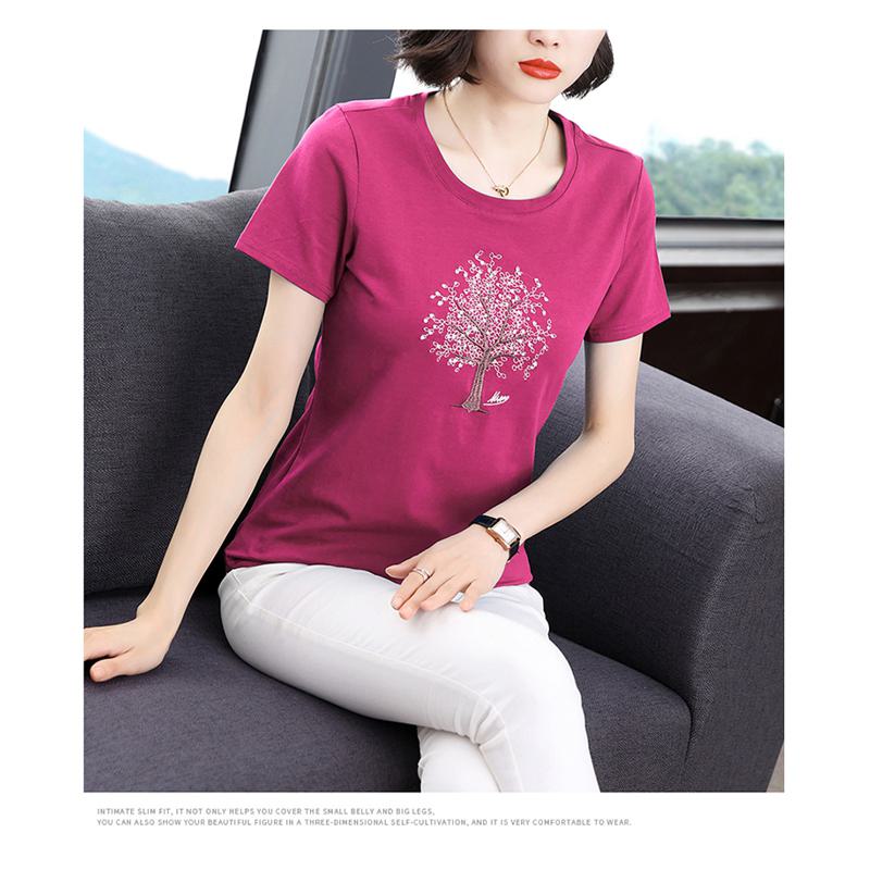Cropped Round Neck Versatile Embroidery Slimming Short Sleeve Tee
