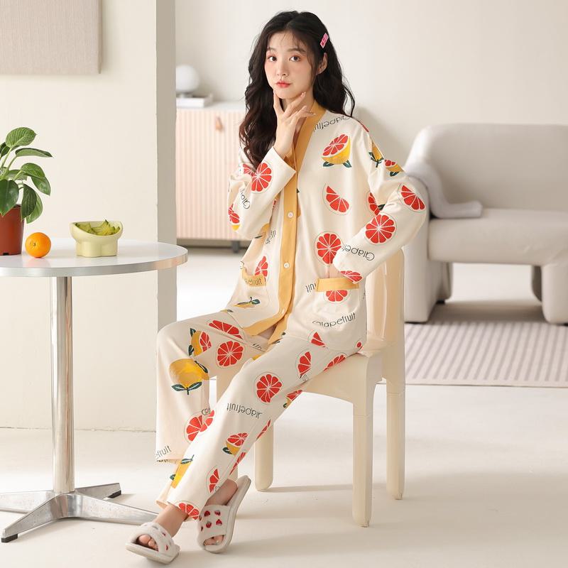 Conjunto de pijama de algodón puro tejido apretado con botones delanteros y bolsillo de letra de pomelo