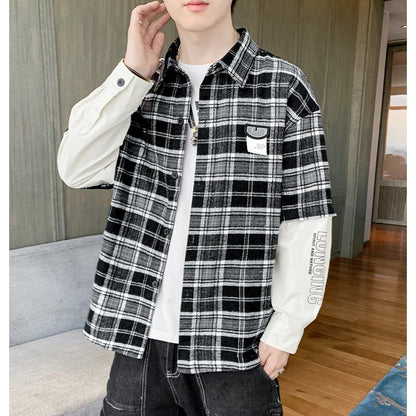 Trendy Workwear Style Patchwork Faux Two-Piece Long Sleeve Shirt