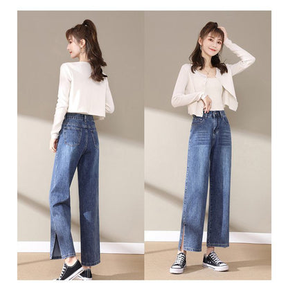 Slimming Cropped High-Waisted Straight-Leg Height Enhancing Loose-Fit Split Jeans