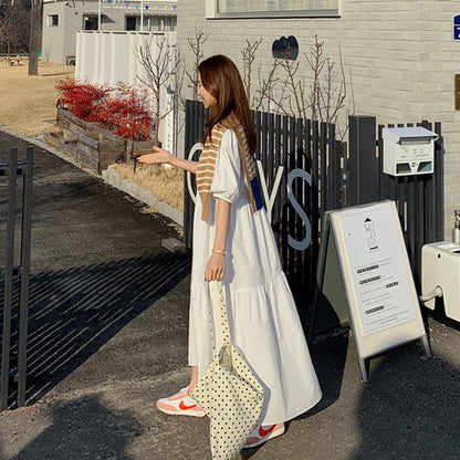Vestido de manga media blanco, elegante y suelto estilo hada hasta el tobillo para mujer, talla mediana.