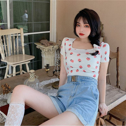Women's T-Shirt Square Collar Cropped Short Sleeve Tee