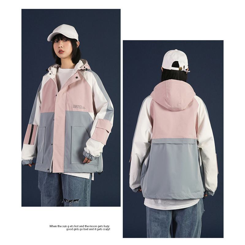 Versatile Casual Color Blocking Loose Fit Raincoat Hooded Jacket
