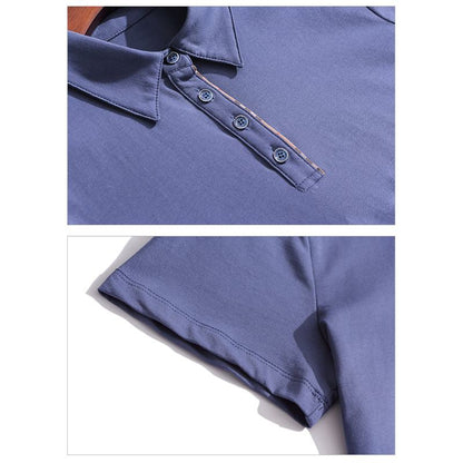 Camiseta de manga corta con cuello de solapa de algodón puro, corte holgado y botones adelgazantes.