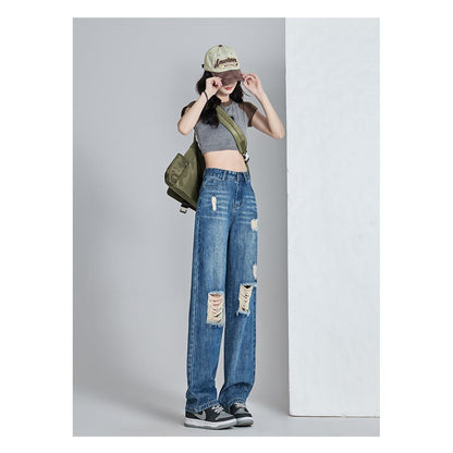High-Waisted Thin Distressed Loose Fit Straight Leg Jeans