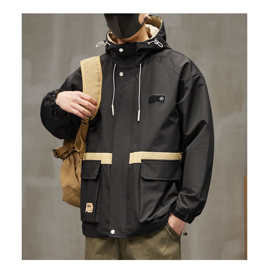 Workwear Style Patch Pocket Patchwork Windproof Raincoat Hooded Jacket