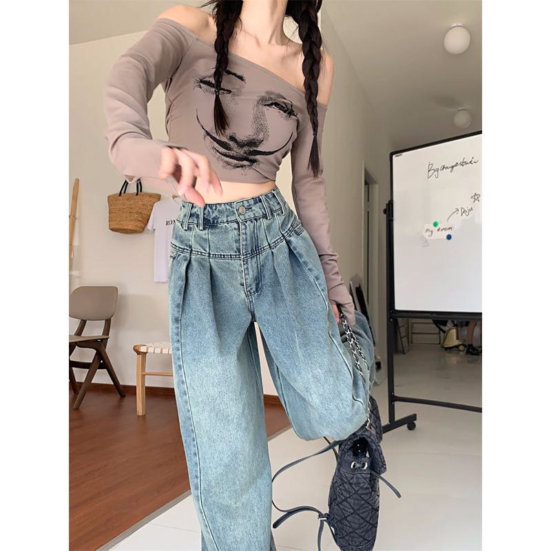 Slimming High-Waisted Washed Out Floor-Length Loose-Fit Retro Pleated Wide-Leg Jeans