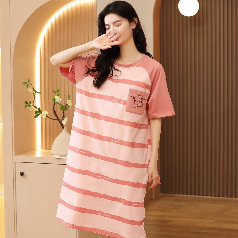 Tightly Woven Pure Cotton Bear Pattern Stripe Pink Midi Lounge Dress