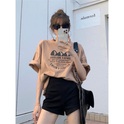 Round Neck Drop Shoulder Print Loose Fit Casual Short Sleeve Tee