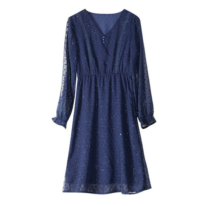 Lace Cinched Waist Shiny Jacquard V-Neck Dress