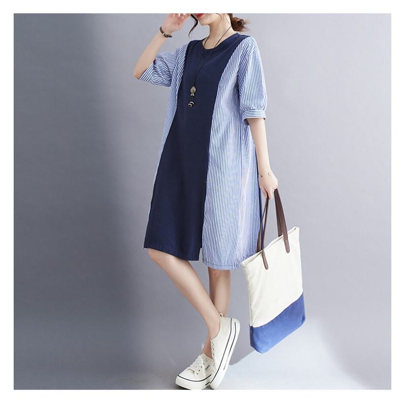 Round Neck Knitted Slimming Woven Patchwork Cotton Elastic Casual Dress
