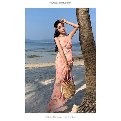 Ruffle Hem Cami Cinched Waist Irregular Print Pink Multi-Layer Dress