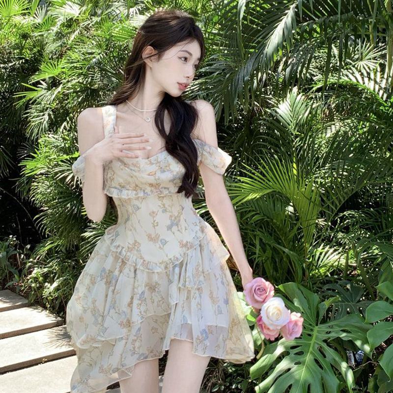 Gentle Floral Print Fairy Irregular Solid Dress